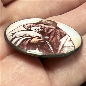 Motiwala enamel button of Jesus holding a lamb.