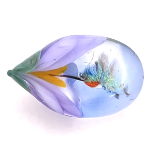 Mary Gaumonds hummingbird drinking from flower glass studio button.