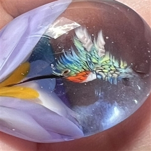 Mary Gaumond's hummingbird drinking from flower glass studio button.