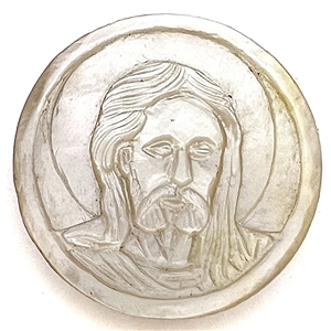 Bethlehem pearl button of Jesus with a halo.