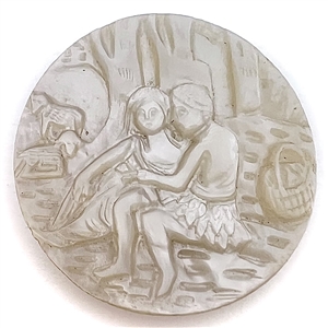 Bethlehem pearl button of man and woman in garden with sheep and a basket.