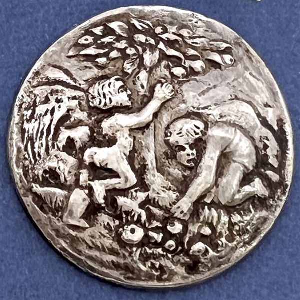 Very early hallmarked silver button of children picking apples.