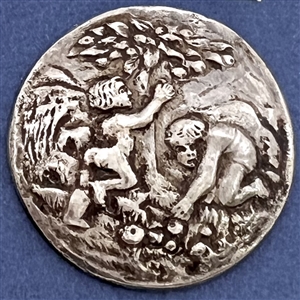 Very early hallmarked silver button of children picking apples.