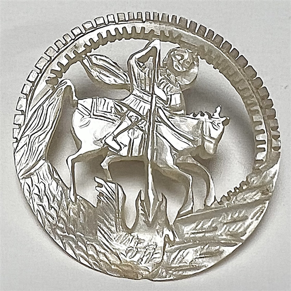 Bethlehem pearl button of St. George slaying the dragon.