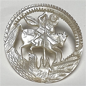 Bethlehem pearl button of St. George slaying the dragon.