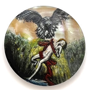 Hand painted on pearl button of “The Rape of Ganymede" based on painting by Rembrandt.