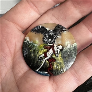 Hand painted on pearl button of “The Rape of Ganymede based on painting by Rembrandt.