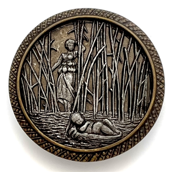 Metal button (pewter?) of “Moses in the bulrushes" story from the Book of Exodus. 