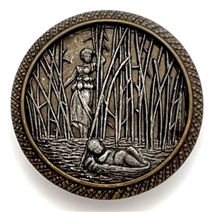 Metal button (pewter?) of “Moses in the bulrushes" story from the Book of Exodus. 