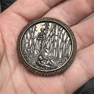 Metal button (pewter?) of “Moses in the bulrushes story from the Book of Exodus. 