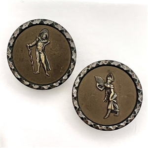 Two Fops buttons with leather backgrounds and cut-steel rims of Incroyable and Merveilleuse.