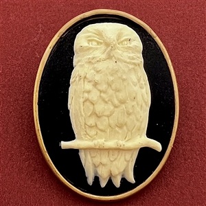 Ceramic button of an owl set in metal.