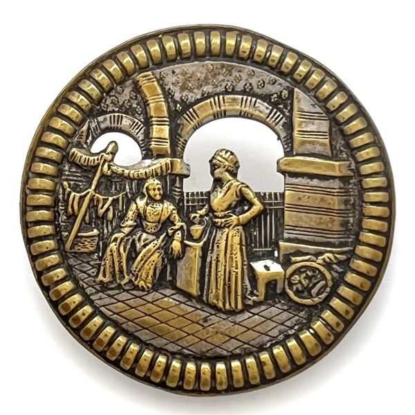 “Bazaar" - button of two robed figures in an Eastern bazaar.