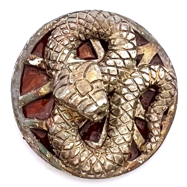 Sculptural gilded silver button of a snake with enamel background.