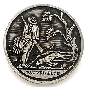 French satyrical sporting button with verbal “Pauvre Bete" (poor beast).