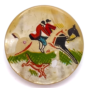 Painted pearl button two hunters on horseback with dog.