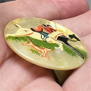 Painted pearl button two hunters on horseback with dog.