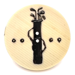 Vintage celluloid button of golf bag with clubs. 