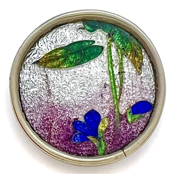 Japanese Gin bari foil enamel button iris set in metal.