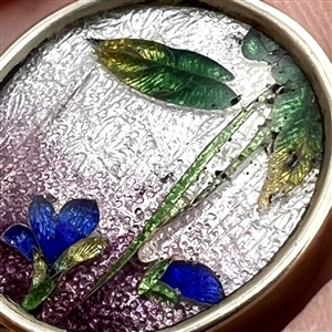Japanese Gin bari foil enamel button iris set in metal.