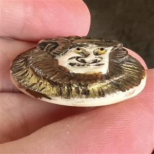 Carved natural material button of an Asian warrior.