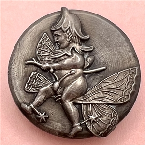 RARE Tom Thumb riding a butterfly pewter button.