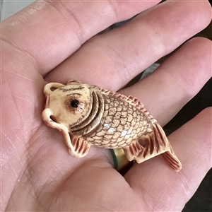 Carved natural material button of a realistic Koi fish.