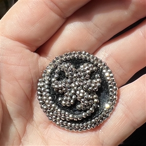 Facetted cut steel button of lily flower with velvet background.