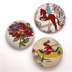Three 1940s fabric studio buttons by Henrietta Harding from Maine.
