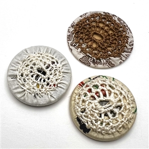 Three 1940's fabric studio buttons by Henrietta Harding from Maine.