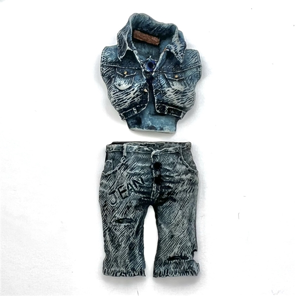 UNIQUE set of two sew-thru buttons of a jean vest and pants.