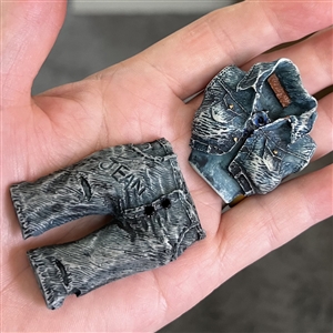 UNIQUE set of two sew-thru buttons of a jean vest and pants.