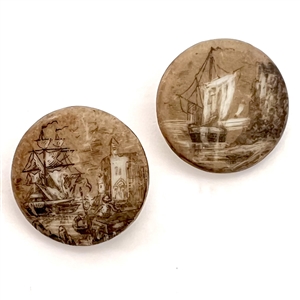 Two 19th c. sepia porcelain buttons of sailing ships.