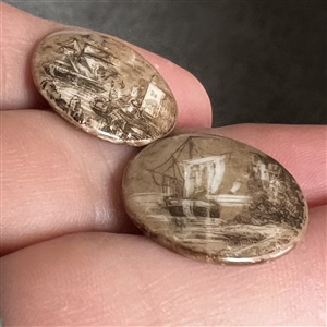 Two 19th c. sepia porcelain buttons of sailing ships.
