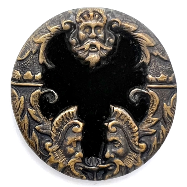 UNUSUAL velvet button “three masks" with Greenmen border.
