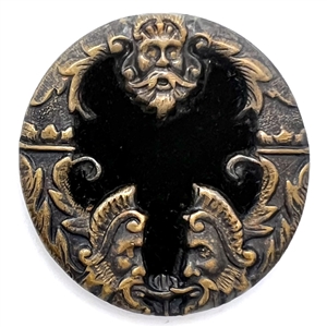 UNUSUAL velvet button “three masks" with Greenmen border.