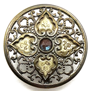 RARE Victorian button with faceted Saphirette glass center, plus ivoroid and delicate openwork of silvered brass.