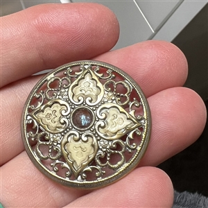 RARE Victorian button with faceted Saphirette glass center, plus ivoroid and delicate openwork of silvered brass.
