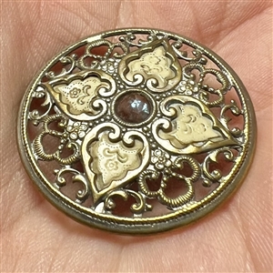 RARE Victorian button with faceted Saphirette glass center, plus ivoroid and delicate openwork of silvered brass.
