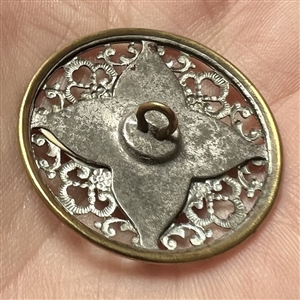 RARE Victorian button with faceted Saphirette glass center, plus ivoroid and delicate openwork of silvered brass.