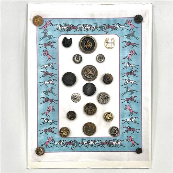 Card of twenty one buttons of horses and horseshoes. 