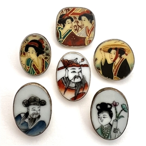 Six Chinese shard ceramic buttons of Asian people.