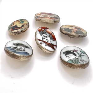 Six Chinese shard ceramic buttons of Asian people.