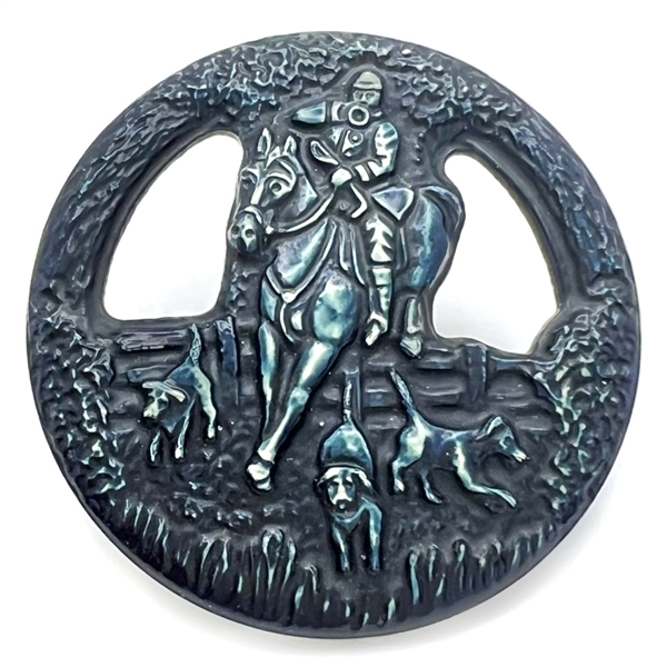 Celluloid button of hunter with hunting horn on horseback with hounds!