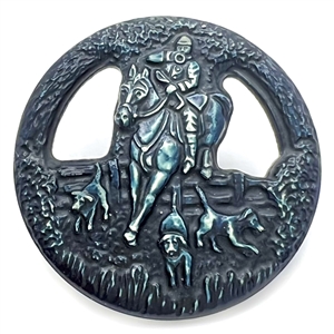 Celluloid button of hunter with hunting horn on horseback with hounds!