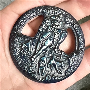 Celluloid button of hunter with hunting horn on horseback with hounds!