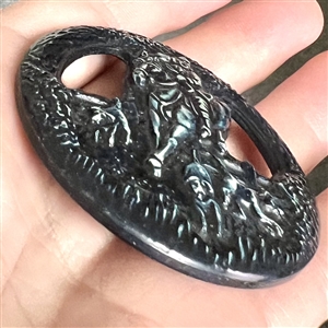 Celluloid button of hunter with hunting horn on horseback with hounds!