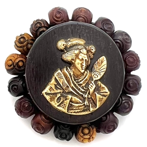 Div I - brass Asian woman on wood button with bone bead border.
