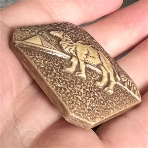 Celluloid button of a camel with pyramid and palms.