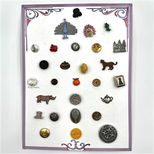 Card of twenty eight animals, plant life and other buttons. 